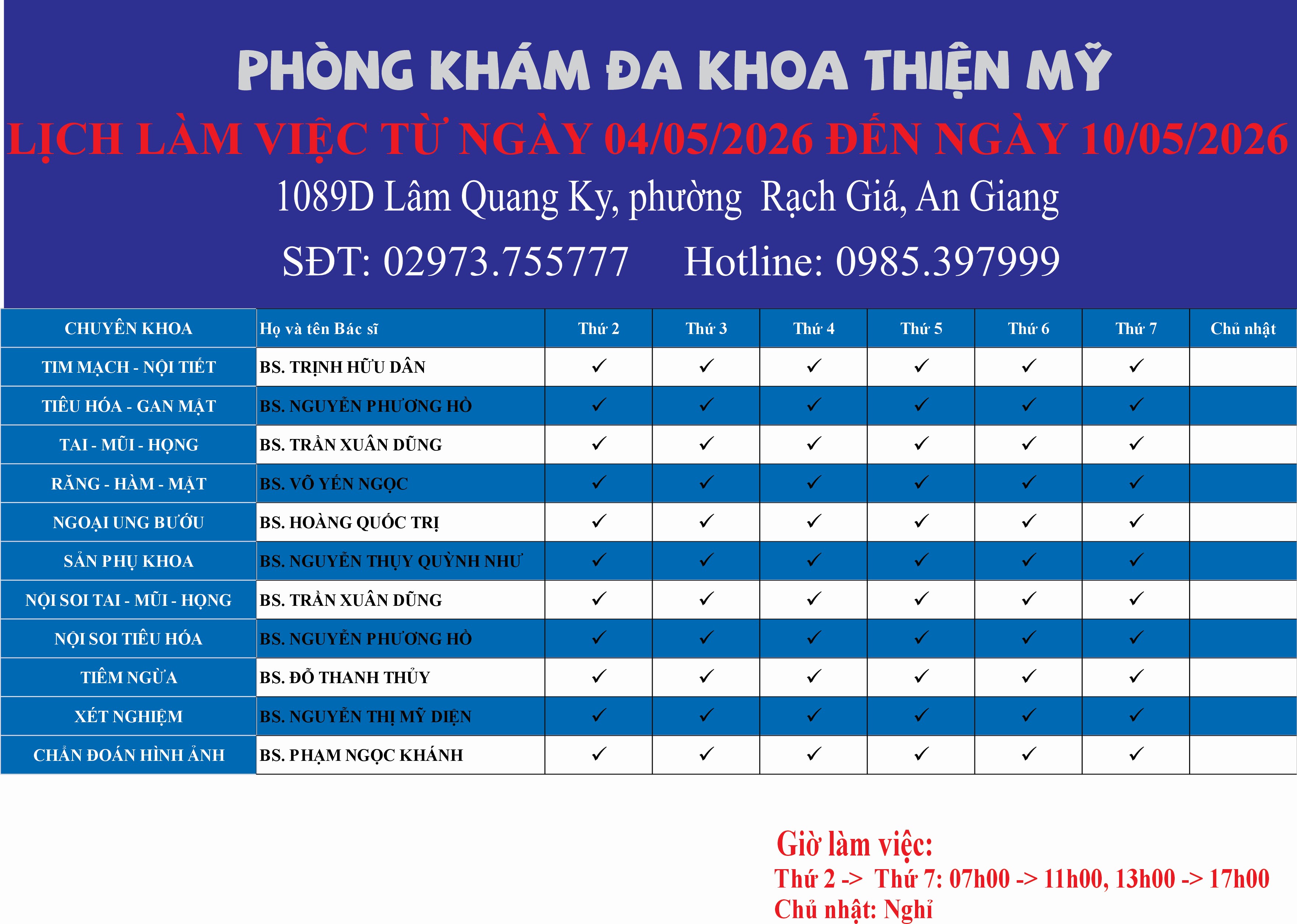 LỊCH LÀM VIỆC TỪ NGÀY 04/05/2026 ĐẾN NGÀY 10/05/2026